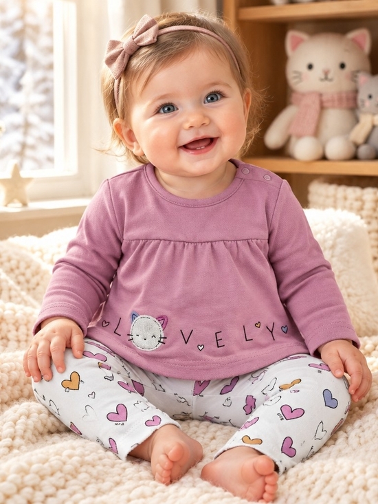Mayoral Other - Mayoral Mauve Pink Long-Sleeve Baby Pajama Set with Heart Print Leggings Sz 6/9
